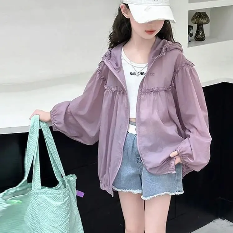 女童夏季防晒2025新款洋气中大童夏装薄款外套儿童连帽休闲上衣潮