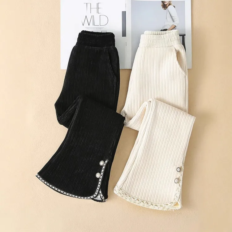 雪尼尔女童休闲裤子2025秋冬新款加绒厚长裤中大童女童加绒喇叭裤