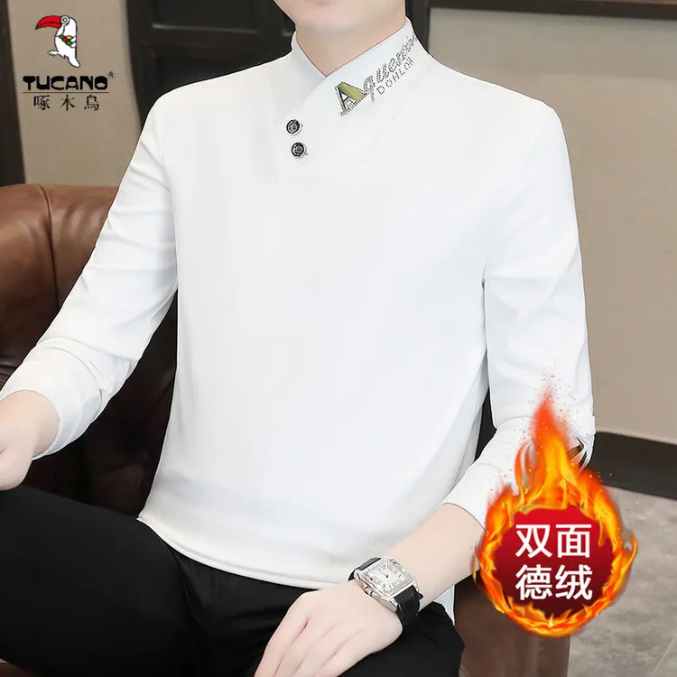 啄木鸟2024新款德绒假两件半高领男士打底衫秋冬季保暖修身长袖T