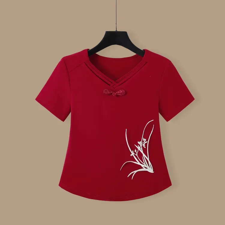 现货】夏季国风刺绣短袖舞蹈上衣民族风t恤广场舞衣服中式盘扣衣服