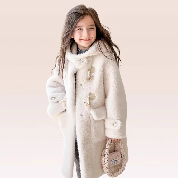 女童皮毛一体仿水貂连帽外套2025新款冬季中大童加绒加厚保暖大衣