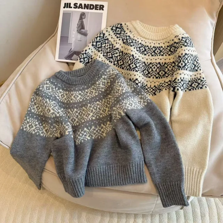 豆子推【费尔岛】1019 冬季圆领提花复古套头毛衣时尚慵懒风保暖