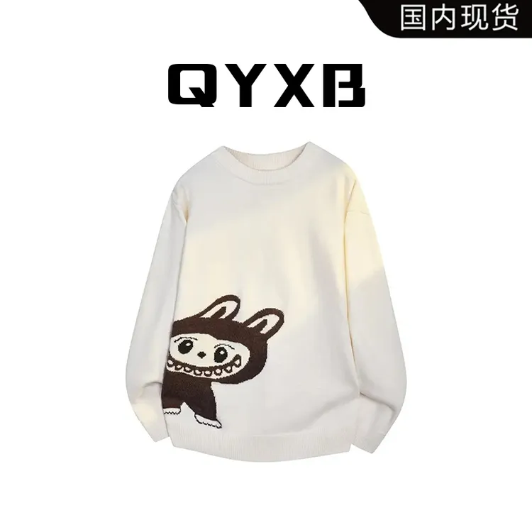 【品牌现货】QYXB新款圆领宽松青少年刺绣图案打底衫潮牌针织衫毛衣