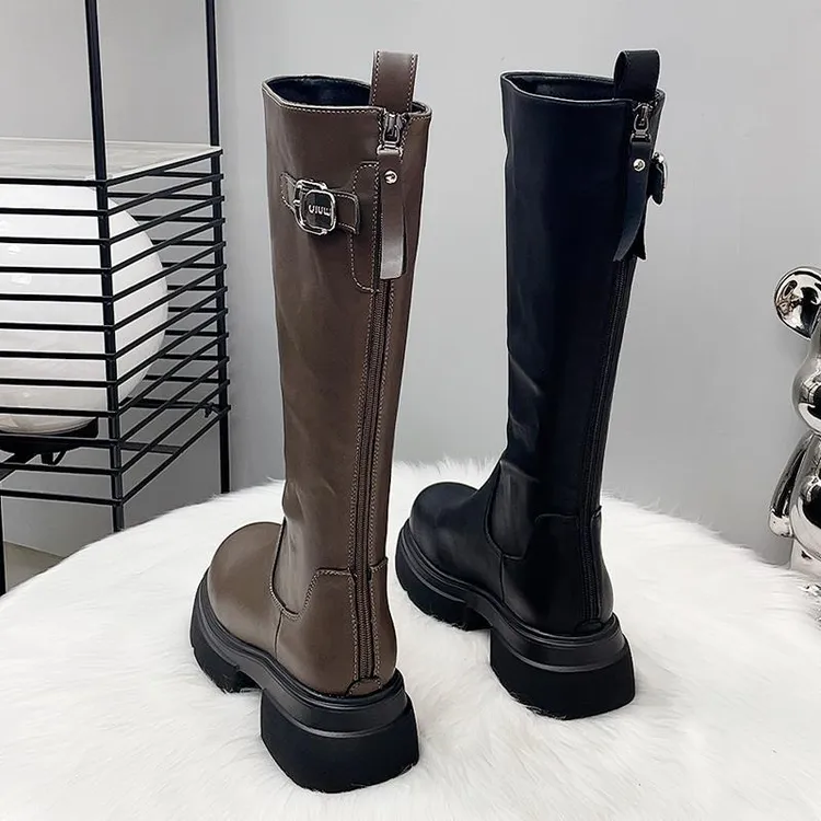 穿高跟鞋的吴大叔厚底长筒靴女2025新款春秋款真皮靴子高跟骑行靴