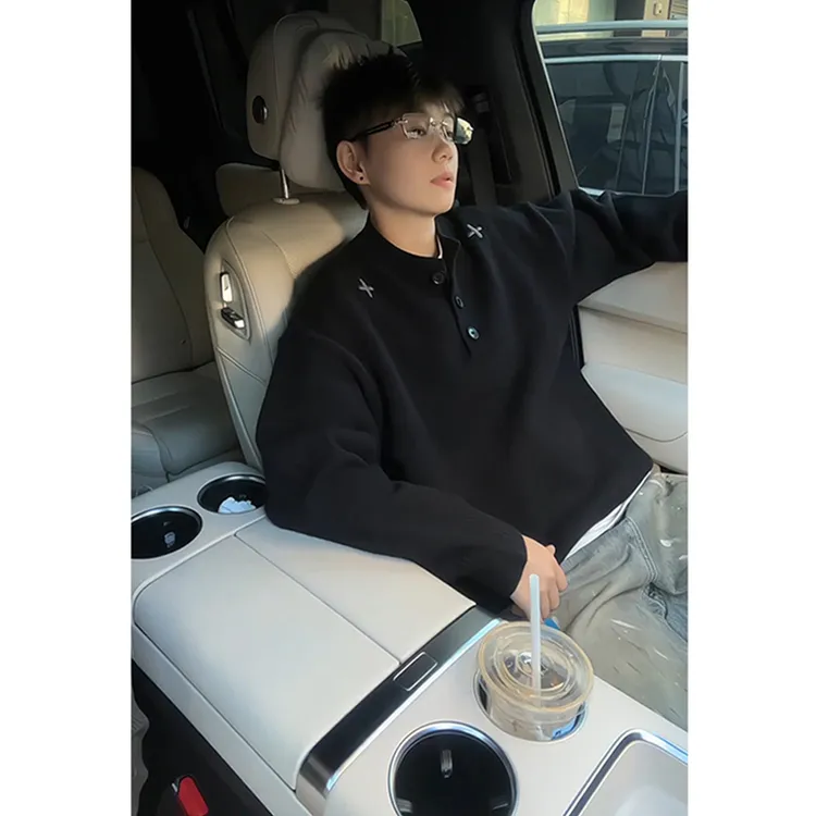 老钱风黑色亨利领毛衣男款秋冬高级感美式慵懒风针织衫内搭打底衫