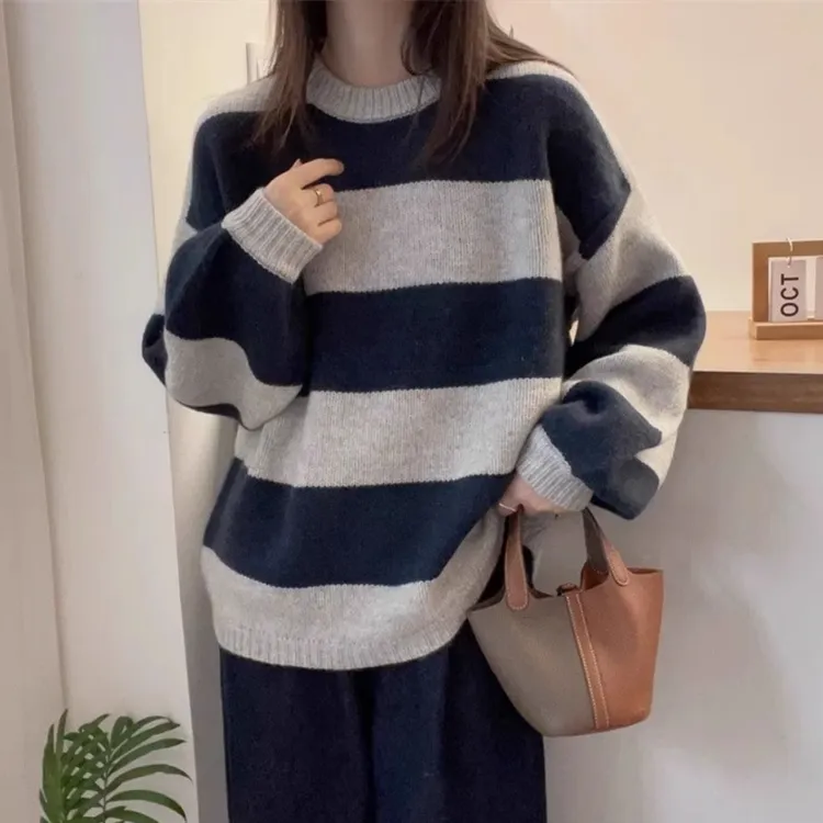 拼色宽松套头圆领冬装时尚新款休闲百搭洋气长袖简约保暖针织毛衣