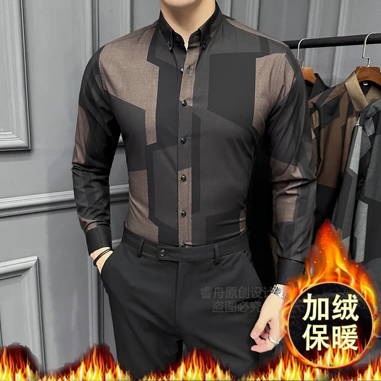 轻奢新款男士衬衫加绒衬衫商务时尚免烫修身秋冬衬衫格子保暖衬衣