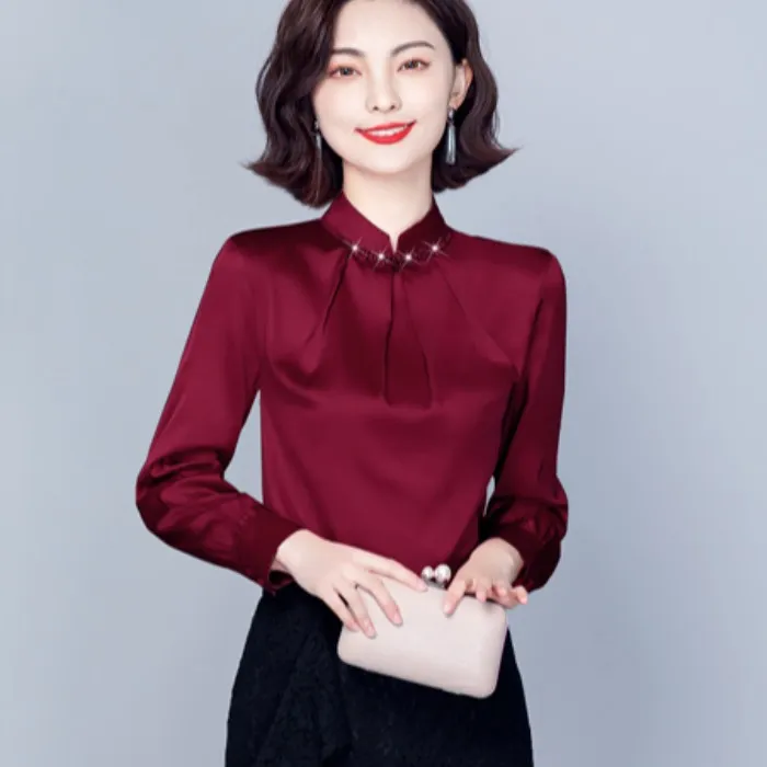 法式立领订珠长袖缎面雪纺衫女春秋装时尚洋气小衫设计感上衣衬衫