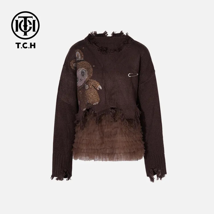 TCH私服秋款慵懒风烫钻时尚淑女咖色套装女T75C07E5029轻奢tch
