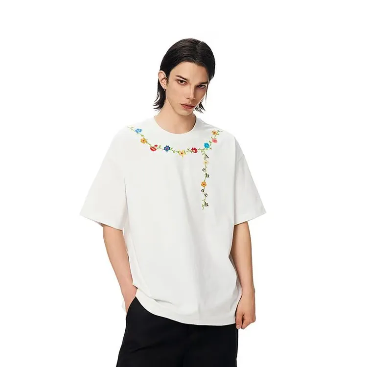 花朵项链刺绣短袖T恤男女新款潮牌高街美式上衣