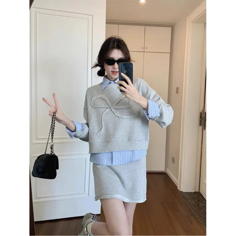 【三件套】蝴蝶结显瘦卫衣女2024秋季新款半身裙一整套休闲运动套装