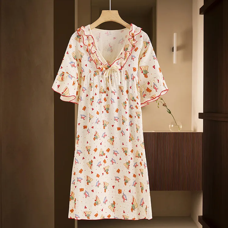 薄款甜美女双层纱宽松中长款睡裙女士夏天碎花家居服夏季睡裙