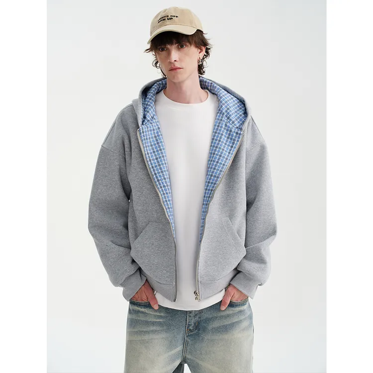 MIDASHAND 25aw500g重磅格纹连帽口袋拉链开衫休闲宽松卫衣外套男