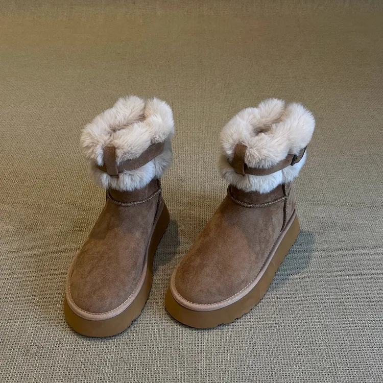 厚底雪地靴女款2025新款冬季毛毛一体短靴子加绒加厚保暖毛毛棉鞋