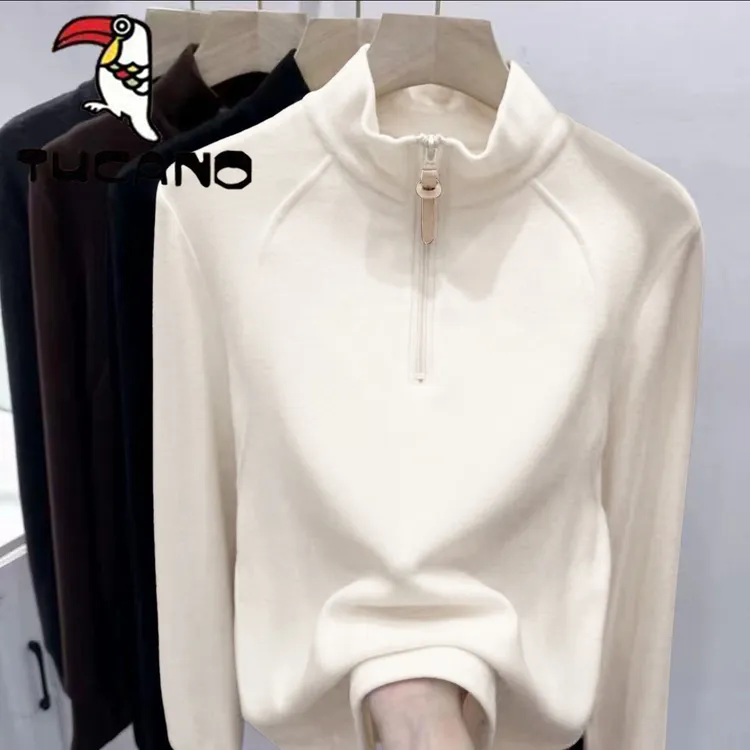 啄木鸟美式秋冬立领半拉链套头T恤女德绒休闲内搭纯色上衣潮