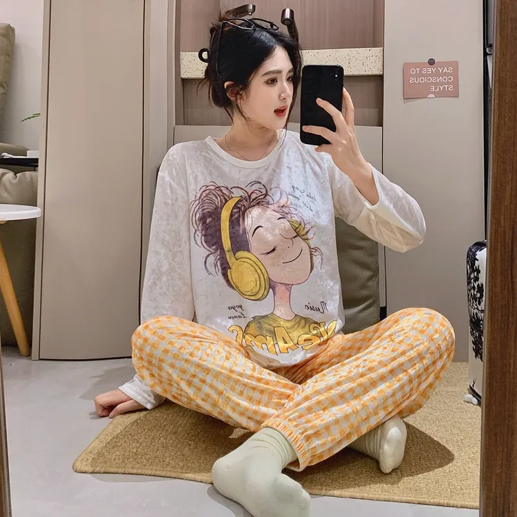 秋冬季新款金丝绒睡衣女长袖可爱卡通春秋季砖石绒家居服睡衣套装