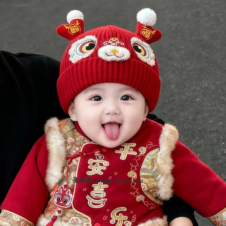 宝宝帽子秋冬季可爱红色虎头帽男女婴幼儿新年喜庆针织毛线保暖帽