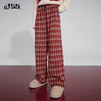 0011【金拐子】妖精的口袋红色宽松格纹休闲裤女直筒显瘦拖地裤子