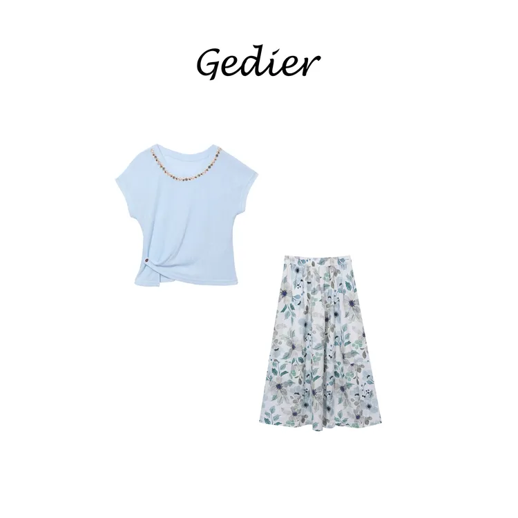 【歌蒂尔】"大海" 老钱风松弛感多巴胺套装 休闲T恤+长裙DG520935Y