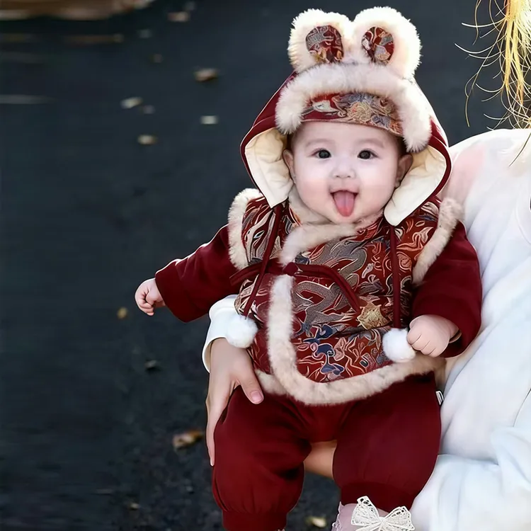 婴儿冬季加棉加厚连体衣服宝宝新年服周岁拜年服红色喜庆保暖棉服
