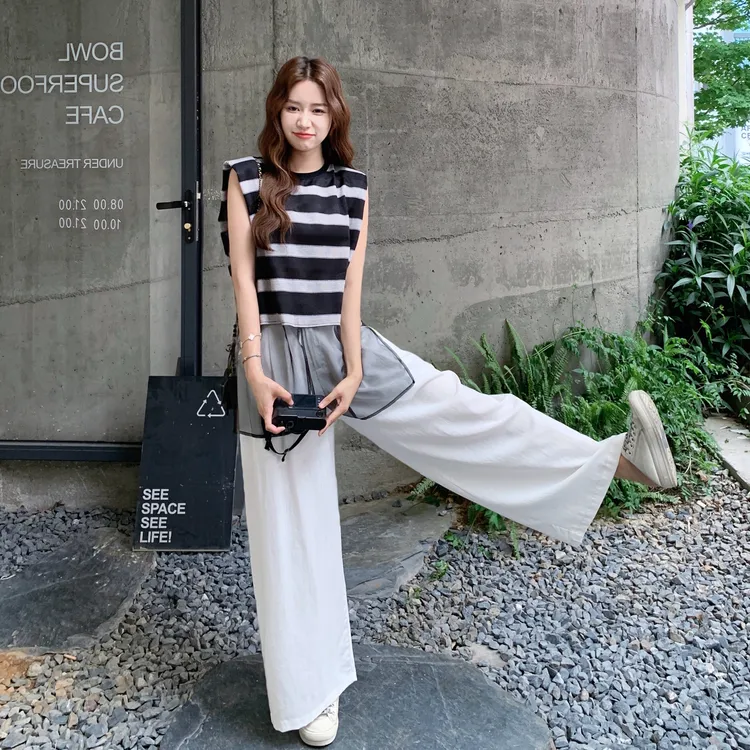 慵懒休闲气质套装裤女2025夏季新款条纹开叉上衣高腰阔腿裤两件套