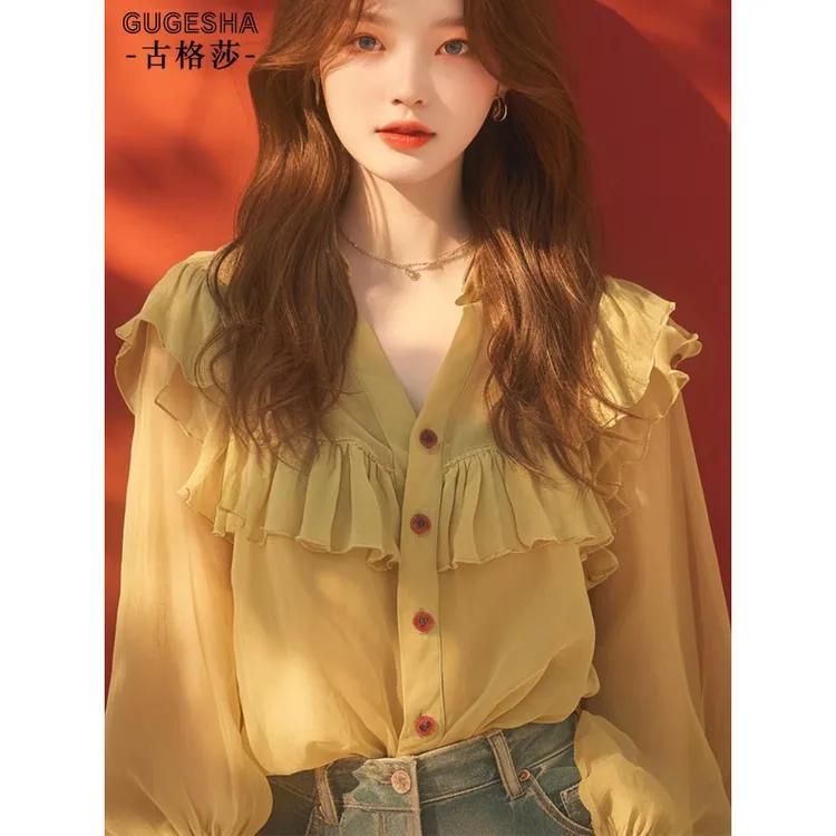 黄色荷叶边V领衬衫女装秋季新款今年流行时髦别致小众设计感上衣