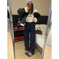 932#窄版阔腿裤牛仔裤女2025年高腰显瘦口袋宽松直筒垂感裤子