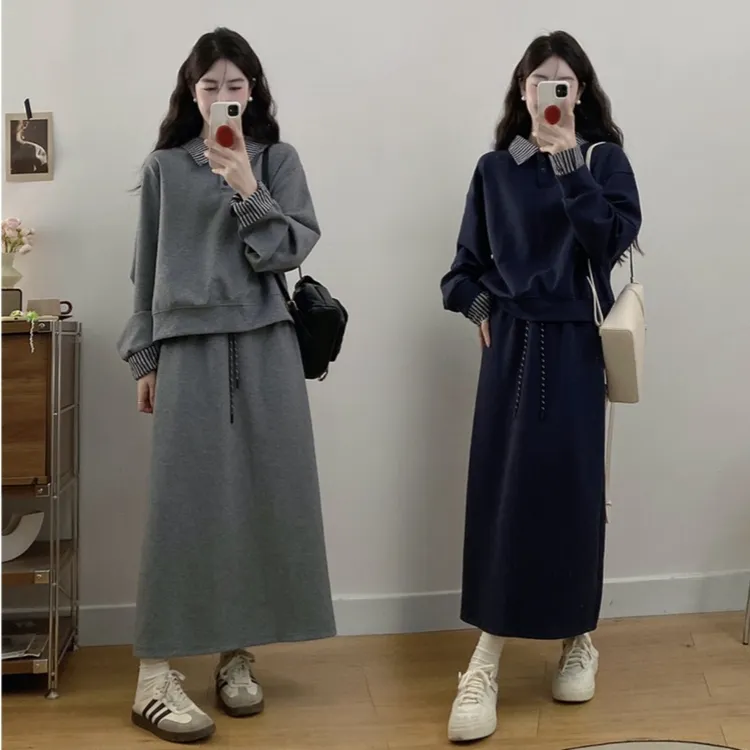 大码胖mm假两件卫衣半身裙两件套女秋季新款显瘦遮肉休闲裙子套装