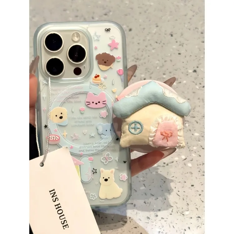 卡通白色小狗猫咪房屋支架iphone16promax手机壳苹果15pro磁吸14p