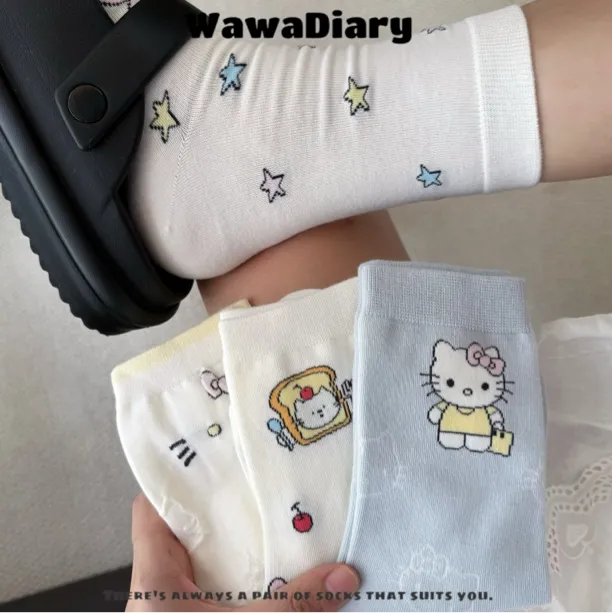 日系大唐俏皮萌趣图案kt猫中筒女袜四季可爱百搭袜子白色中筒袜