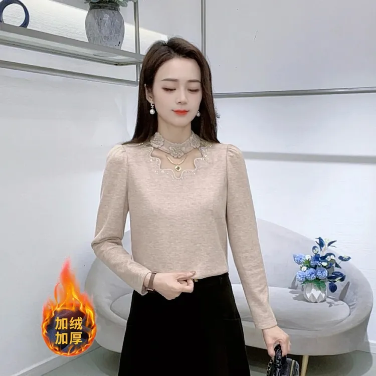 A9190法式时尚长袖T恤女花边拼接冬季新款显瘦百搭洋气减龄上衣