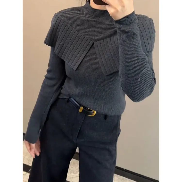 法式时髦立领灰色针织衫女秋冬新款设计感荷叶边修身打底衫上衣