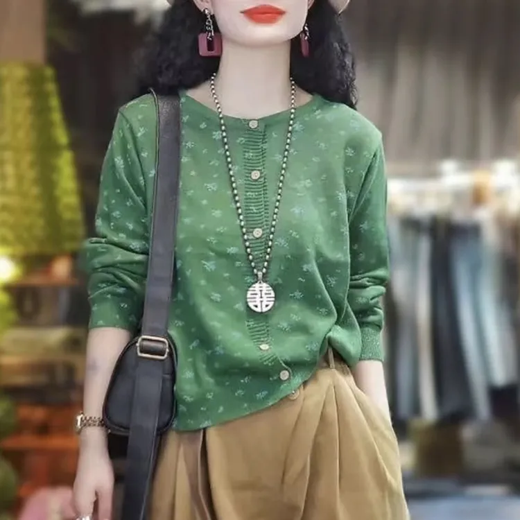 时尚碎花休闲针织开衫外套秋季慵懒风穿搭大码轻熟气质女士上衣