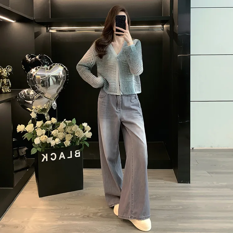 港风休闲运动套装女春秋设计感镂空针织衫轻熟风牛仔阔腿裤两件套