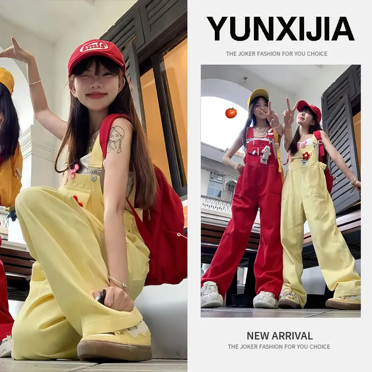 2025多巴胺美式牛仔背带裤女夏小个子可爱宽松搭配印花吊带两件套