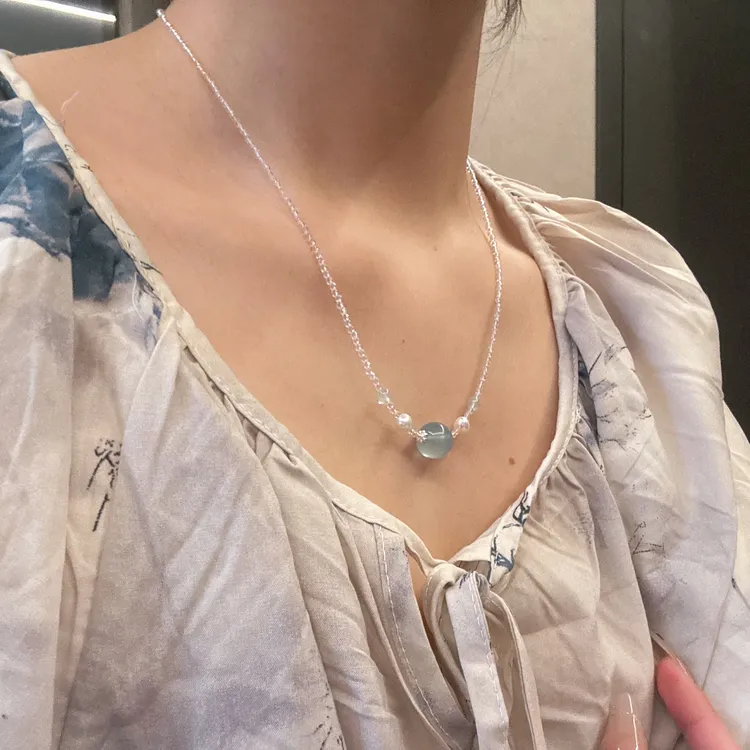 天然白水晶珍珠海蓝宝项链
