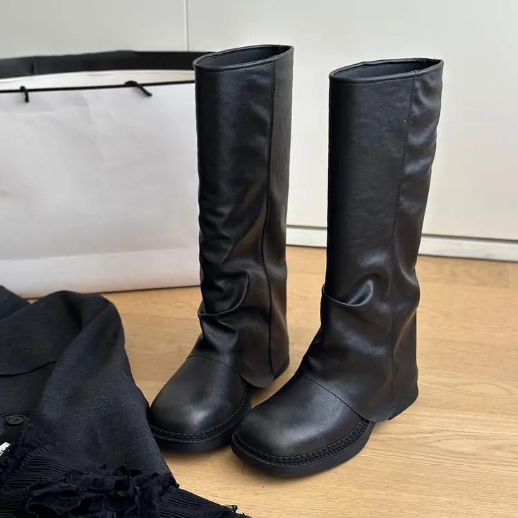 牛皮版~长筒靴粗跟方头裤管靴英伦复古骑士靴炸街辣妹显瘦靴子女