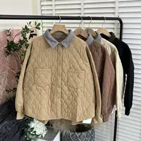 日常简单「撞色翻领暗扣」休闲工装长袖棉服女E6252