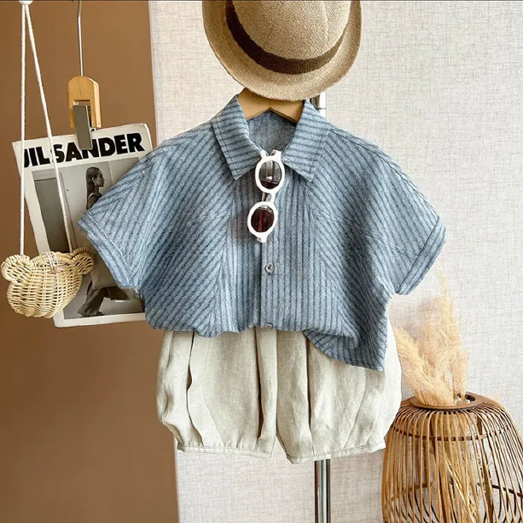 童装男童夏装套装2025夏季男童韩系休闲条纹设计短袖衬衫两件套装