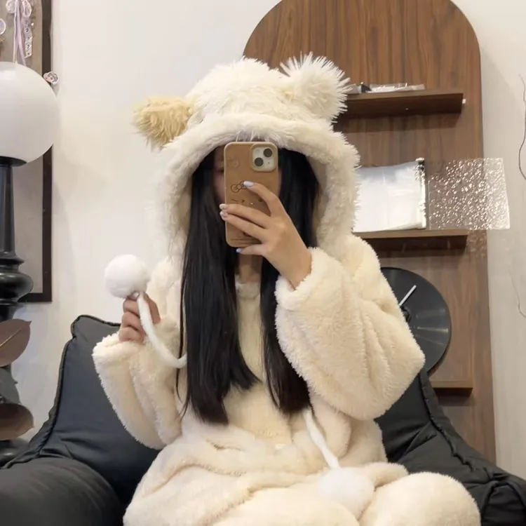 【咕噜】奶球小羊帽软糯可爱连帽珊瑚绒睡衣女秋冬套装加厚家居服