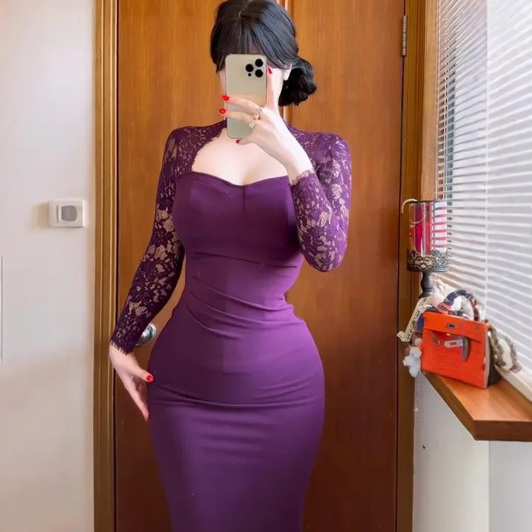 MLYD/定制 大码御姐风紫色蕾丝挂脖连衣裙女轻熟性感显瘦包臀长裙