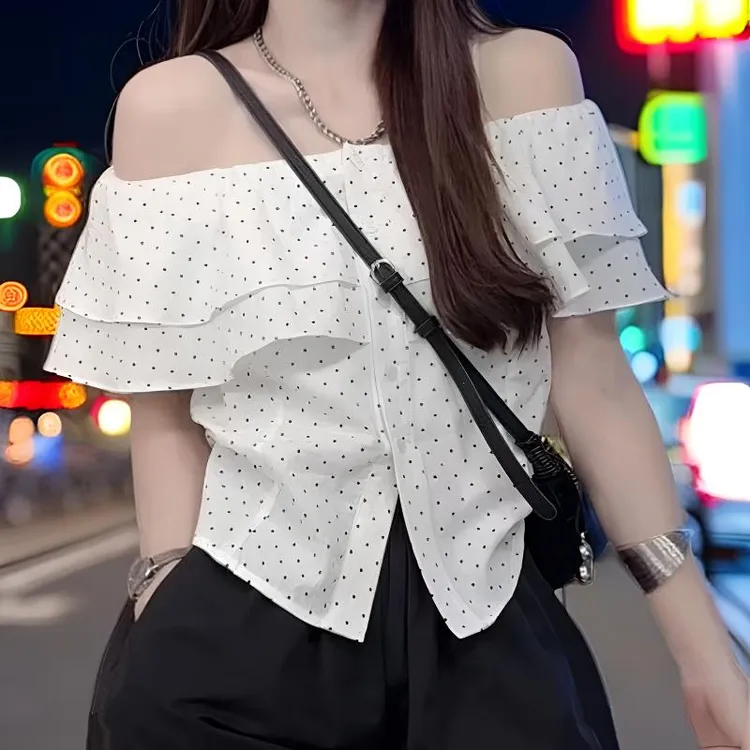 性感一字肩显瘦INS风夏季荷叶边衬衫方领时尚cleanfit风泡泡袖女