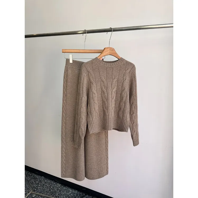 100A级山羊绒套装麻花毛衣+阔腿裤100%山羊绒百搭休闲时尚