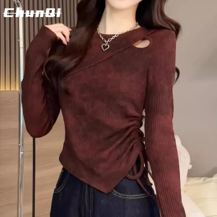 淳启小镂空扎染长袖针织衫女秋季大尺码胖mm修身显瘦洋派打底上衣