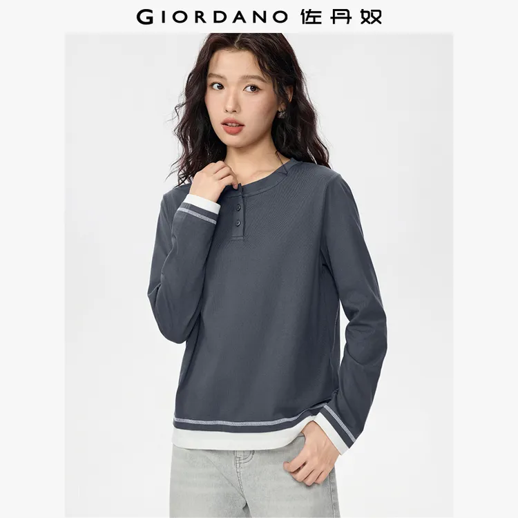 佐丹奴T恤女装纯棉假两件撞色明线亨利领针织长袖T恤 13325781