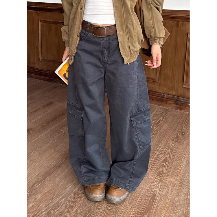 Don Cry 美式水洗多口袋剪裁工装裤男女复古做旧宽松直筒休闲裤子