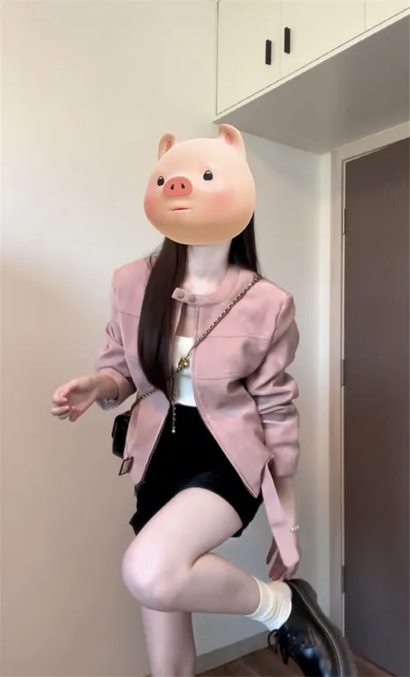 独特超好看今年流行皮衣外套2025小个子粉色外套高腰半身裙两件套