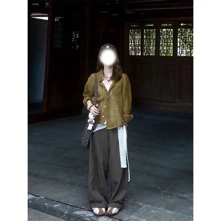 复古风穿搭镂空设计感针织开衫蕾丝拼接内搭背心阔腿裤早秋三件套