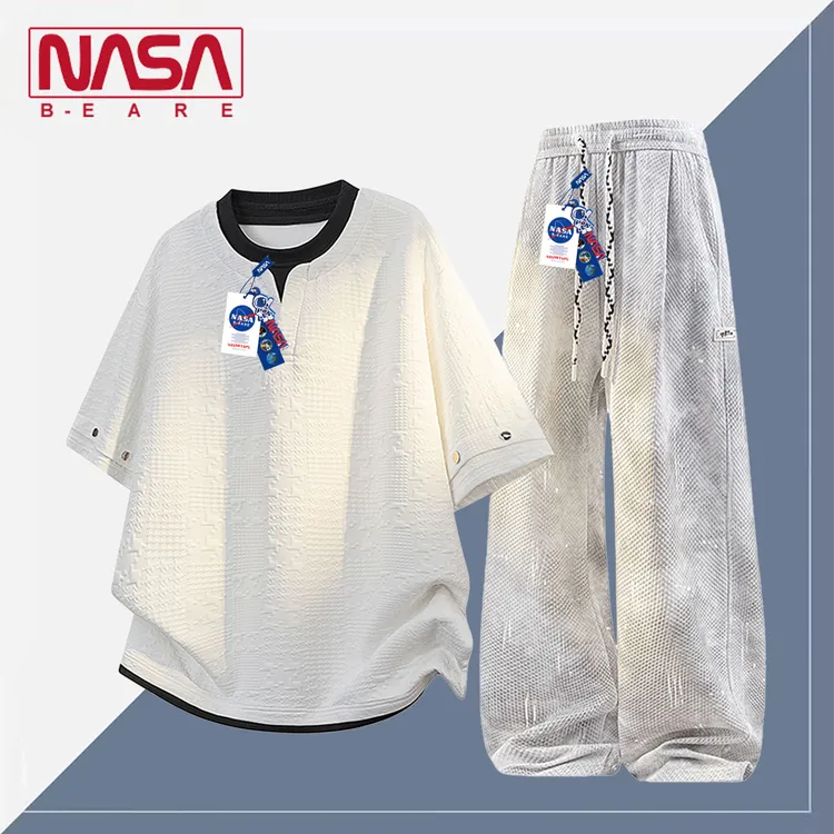 NASA联名假两件短袖T恤套装男夏季肌理感宽松轻奢休闲潮流两件套