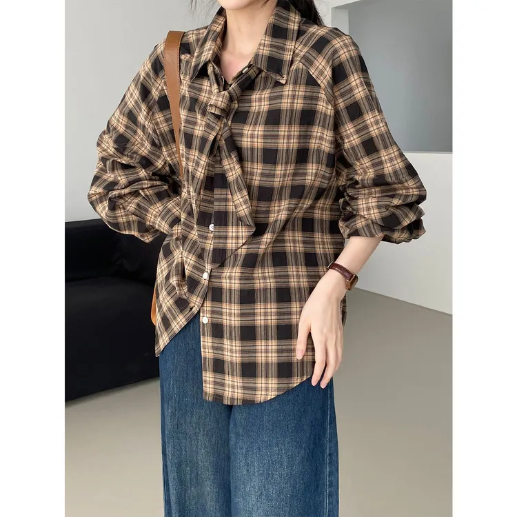 早秋韩系复古休闲格子衬衫女简约百搭长袖衬衣（配领带）